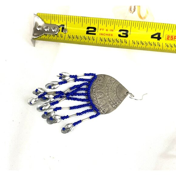 Silver & Blue Beaded Dangle Earrings Intricate Engravings & Teardrop Charms Boho - Picture 6 of 6